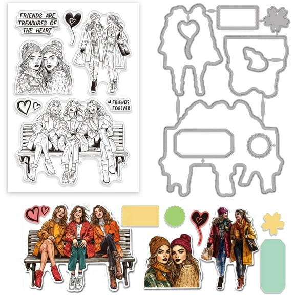 Bestie Clear Stamps and Cutting Dies for Card Making Best Friend Silicone Transparent Stamp Metal Lady Friend Die Cuts for DIY Scrapbooking Album Journal Paper Crafts Decor