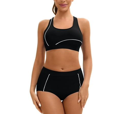 Ovticza Women s High Waisted Bikini Sets Cheeky Two Piece Swimsuits Color Block Sporty Bathing Suits High Cut Swimwear Black L