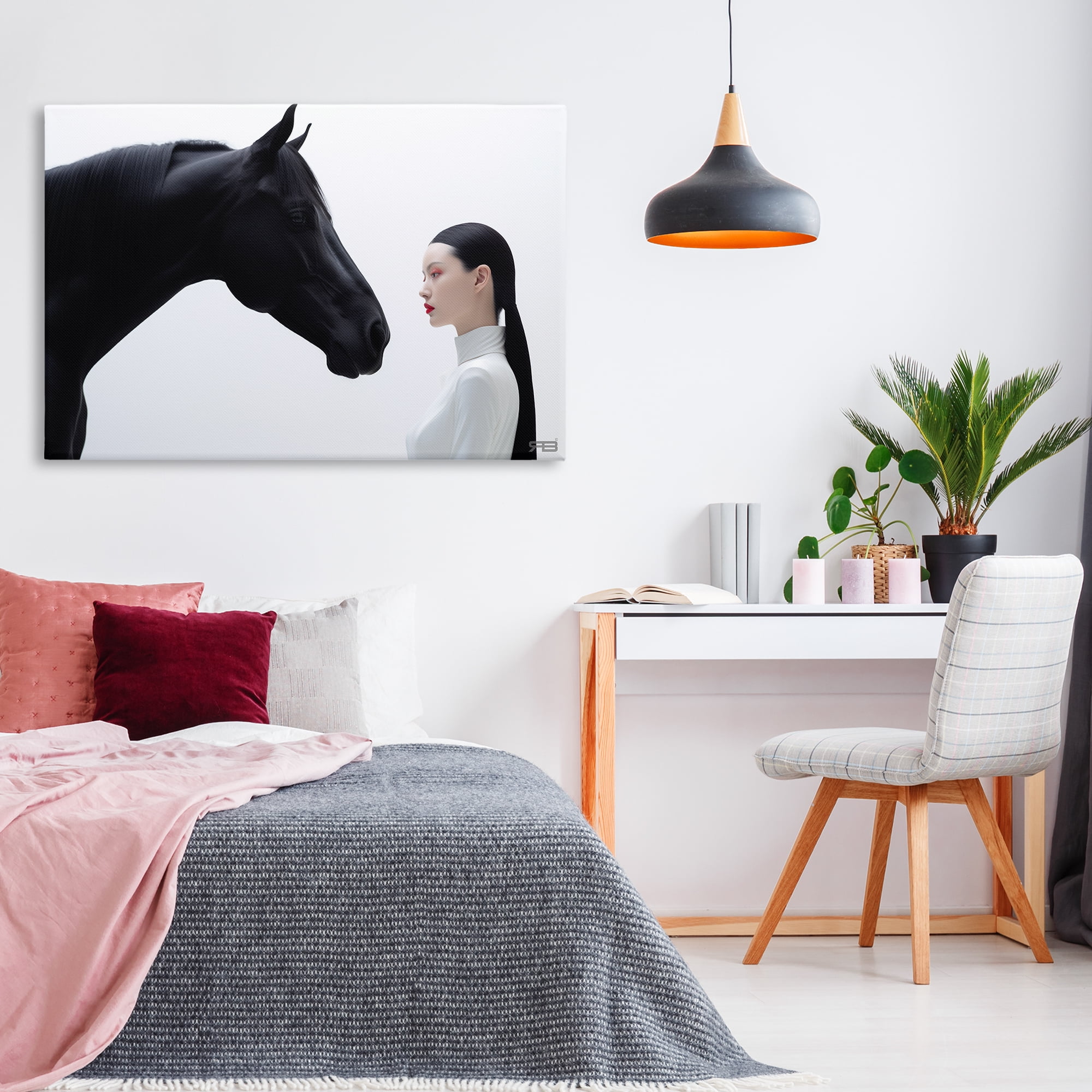 Stupell Industries Sleek Black Horse & Girl People Painting Wrapped Canvas Art Print Wall Art, 45 x 30