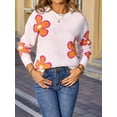 thumbnail image 4 of Floral Sweaters for Women Contrast Color Striped Crew Neck Long Sleeve Loose Knit Pullover Tops White XL, 4 of 10
