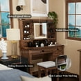 thumbnail image 3 of OKD Farmhouse Makeup Vanity Desk with Sliding Mirror and Lights, 42'' Glass Tabletop Vanity Table with 2 Drawers & Shelves, Rustic Big Vanity Set for Bedroom, Stool Included, Reclaimed Barnwood, 3 of 6