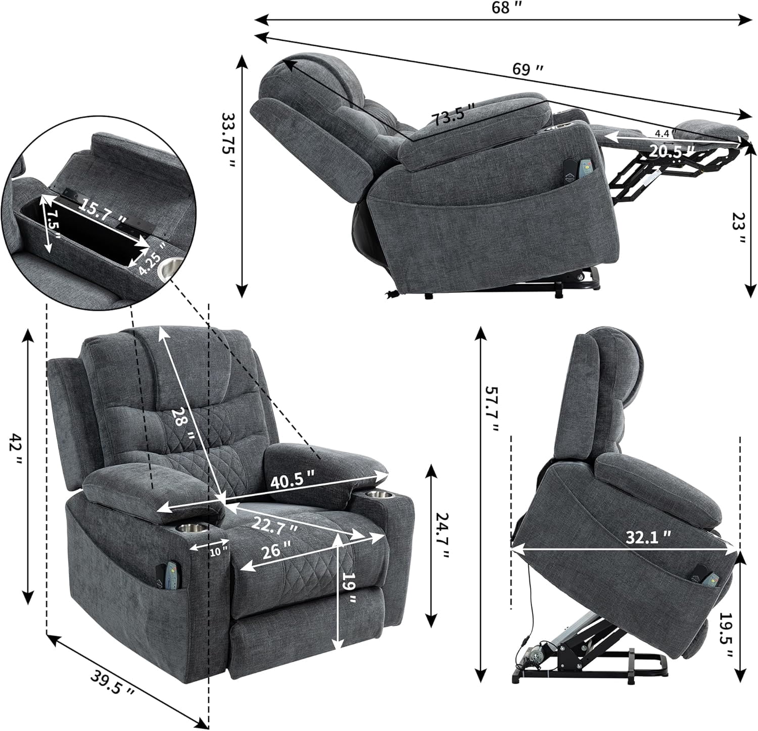 Lift Chair with Heat and Massage, Zero Gravity Lay Flat Recliner with Cup Holders & Adjustable Seat for Adults Living Room Lounge Recliners on Clearance
