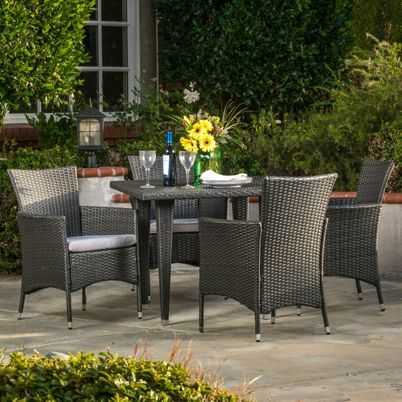 Hawawa Outdoor 5 Piece Wicker Square Dining Set with Cushions, Grey, Sliver