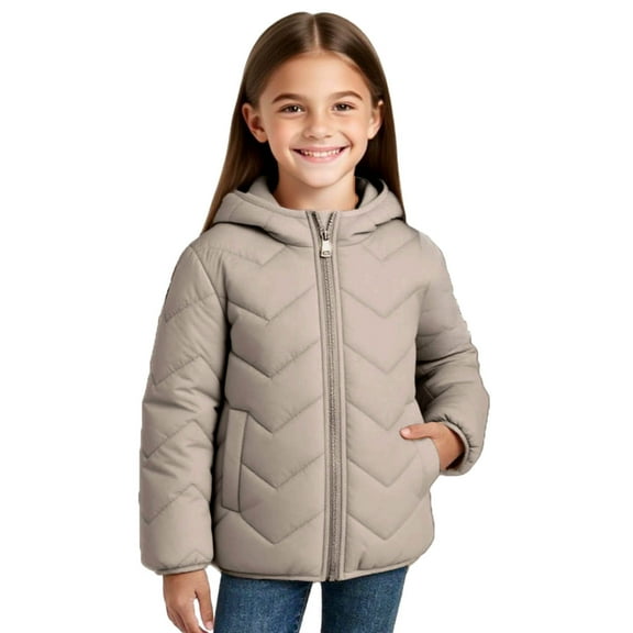Fesfesfes Kids Solid Color Hooded Puffer Jacket with Pockets Thickened Warm Zip Up Coat for Boys and Girls Cold Weather Windproof Outdoor Casual Wear(Khaki,9-10 Years)