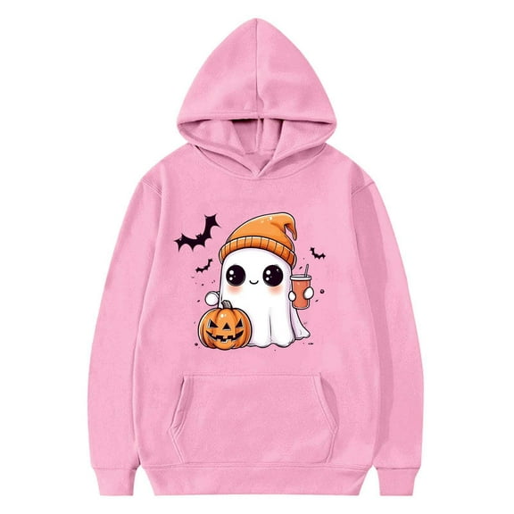 SERTG Kids Halloween Print Hooded Sweatshirt Fashion Loose Casual Printed Long Sleeved with Pockets Top for Children 2-13 Years(Pink,4-5 Years)