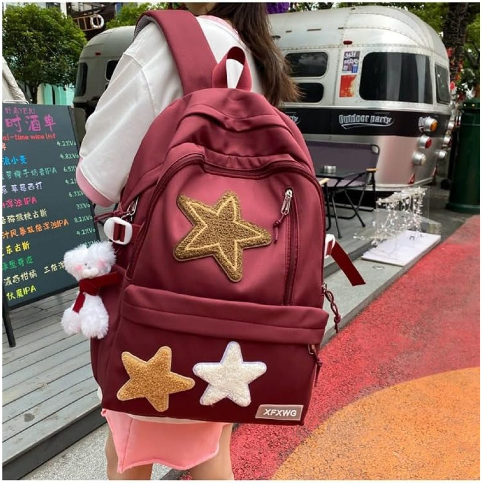 SQDWYGUO Y2k Backpack with Kawaii Pendant Aesthetic Star Backpack Cute Preppy Laptop Book Bag Back to College Supplie,Red