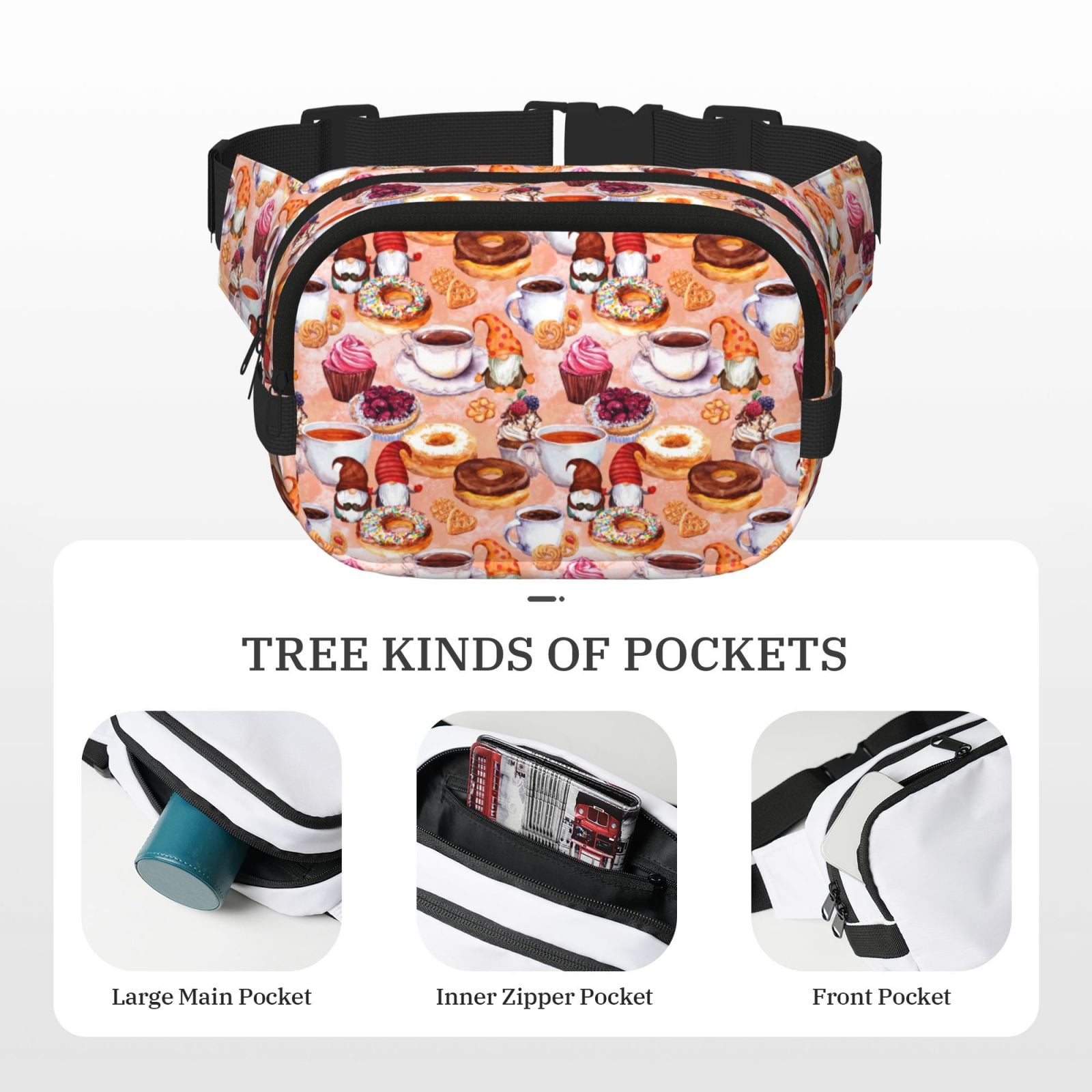 Picia Gnomes With Coffee Print Square Double-Layer Waist Bag Mini Adjustable Waist Belt Bag Exercise Running Travel Hiking
