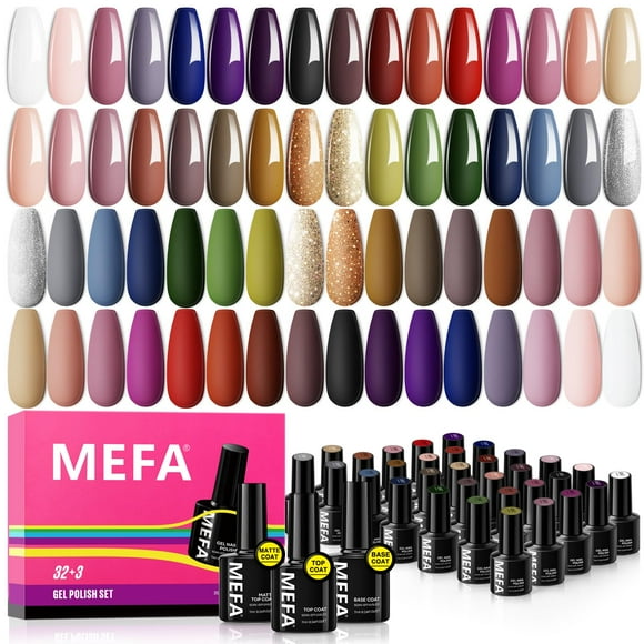 Set de esmaltes de uñas en gel MEFA, 32 colores, rojo burdeos y champán