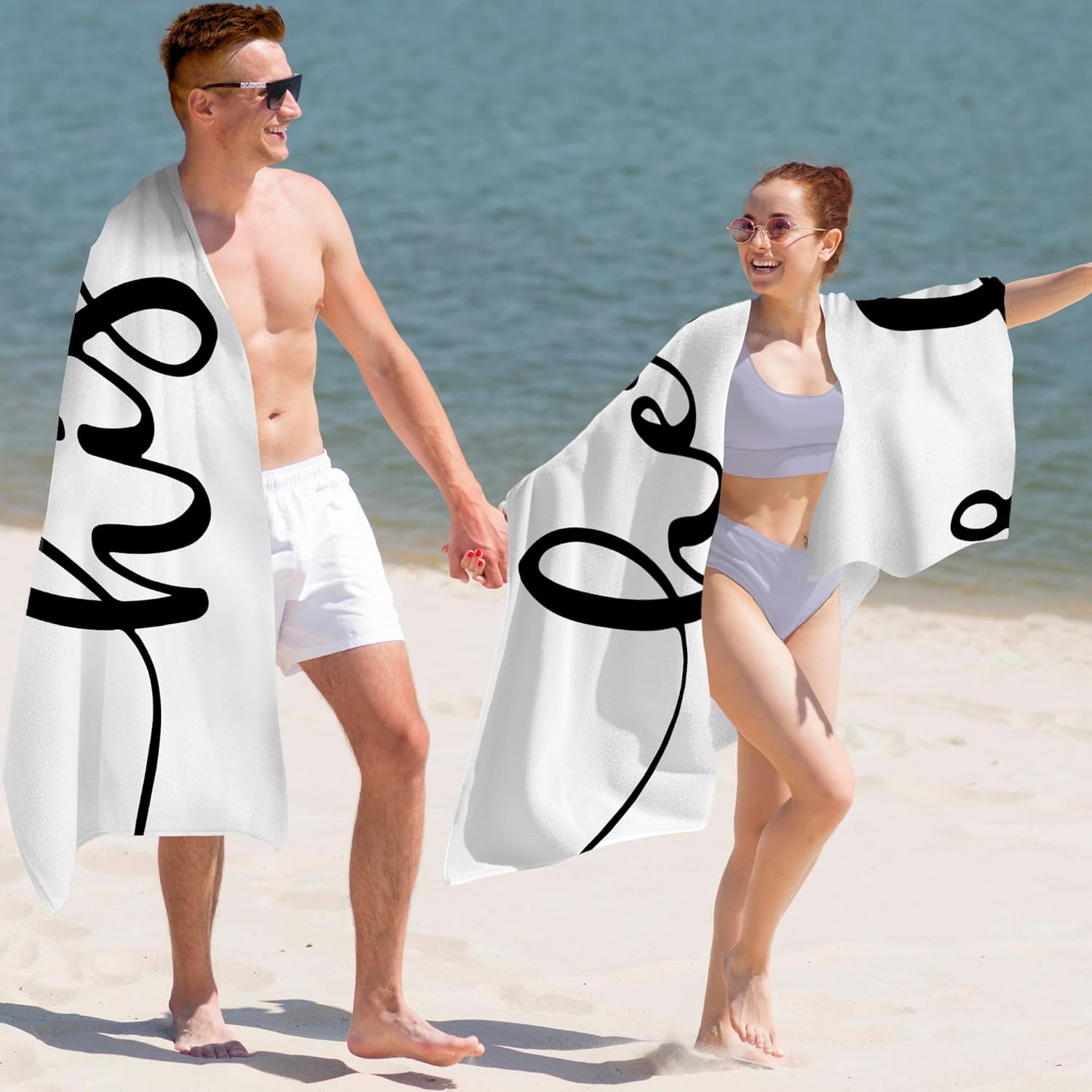 Hers and His Beach Towel Set of 2, Honeymoon Wedding Beach Towels Gifts for Newlywed Couple Bride Groom Valentine's Day, Black and White Beach Towels Oversized Decor for Bathroom 30x60 in
