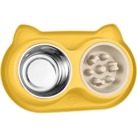 Start Makers 3-in-1 Double Pet Slow Feeder Bowl with Non-Slip Base, Stainless Steel Anti-Choke Dog and Cat Food Water Feeder for Healthy Eating Yellow