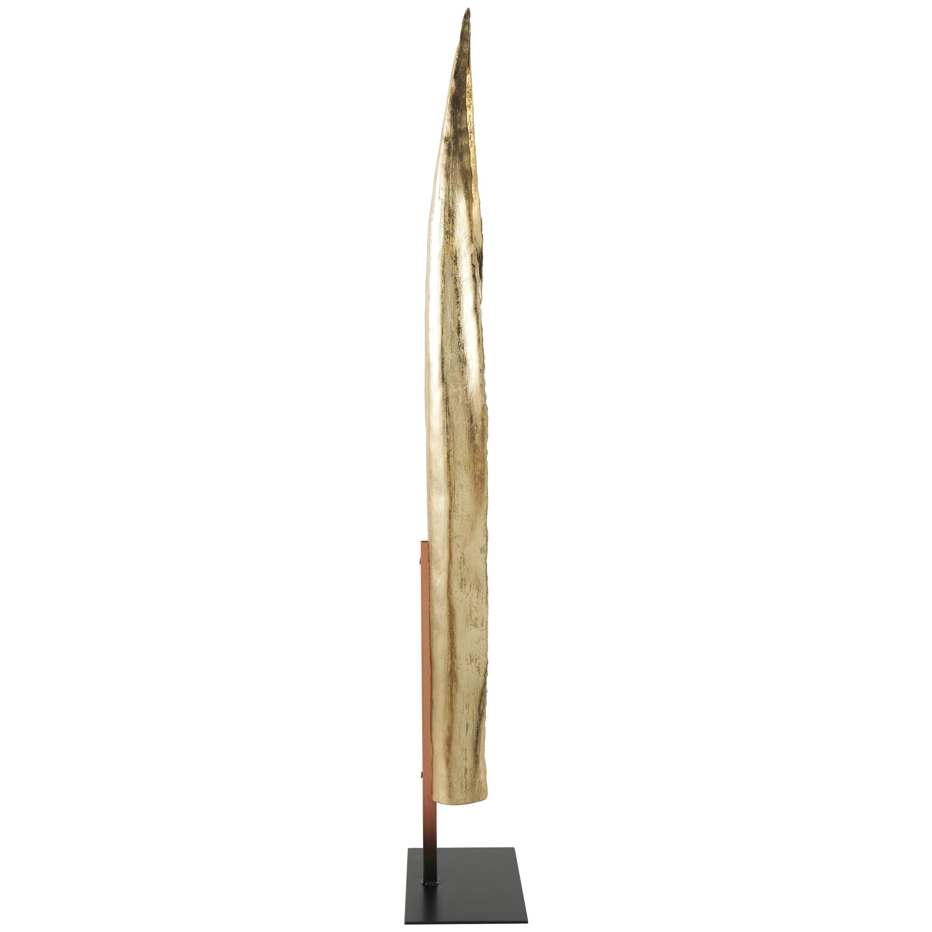 9" x 39" Gold Polystone Slim Abstract Leaf Sculpture with Black Metal Stand, by DecMode