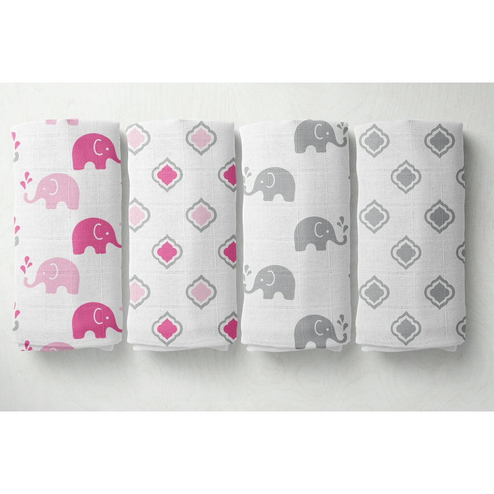 Bacati Elephants 100 Cotton Muslin Swaddling Blankets Set of 4, Pink