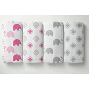 Bacati - Elephants 100% Cotton Muslin Swaddling Blankets Set of 4, Pink/Gray