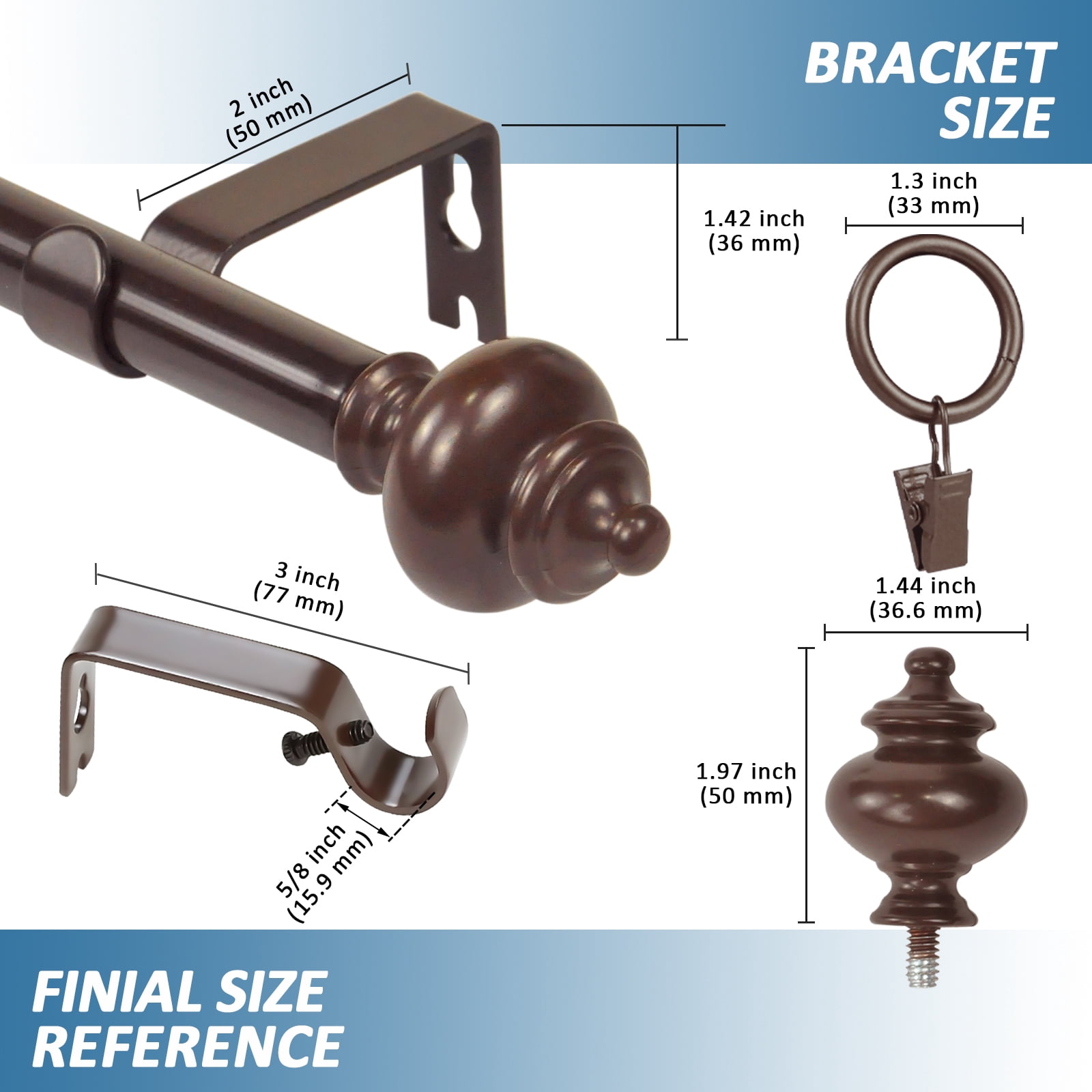Urbanest Round Urn Curtain Rod Set With 24 Rings, 5/8", 84"-120", Bronze
