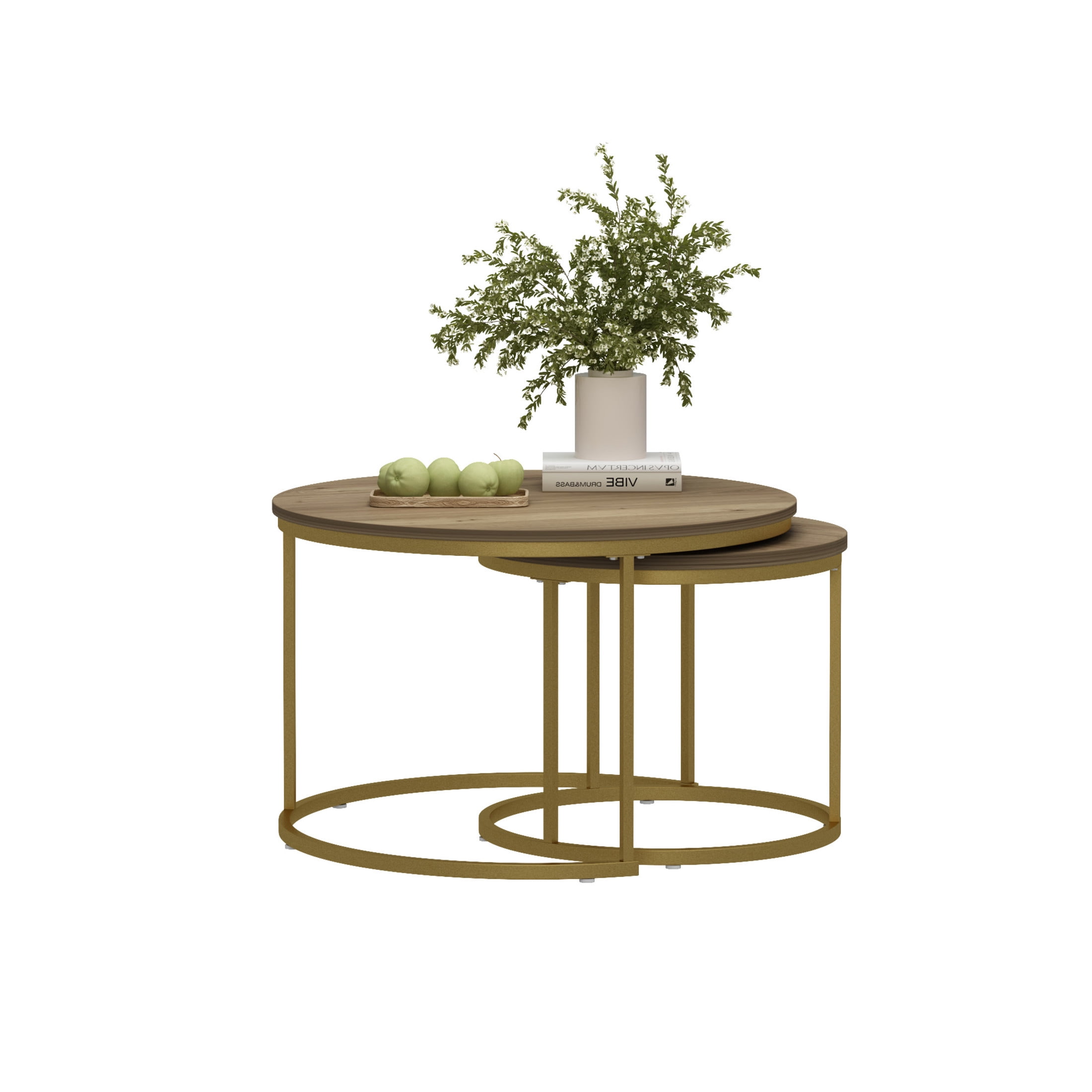Noble House 27.6" Round Nesting Coffee Table with Grain Top, Wooden Side End Tables for Living Room, Brown, Set of 2