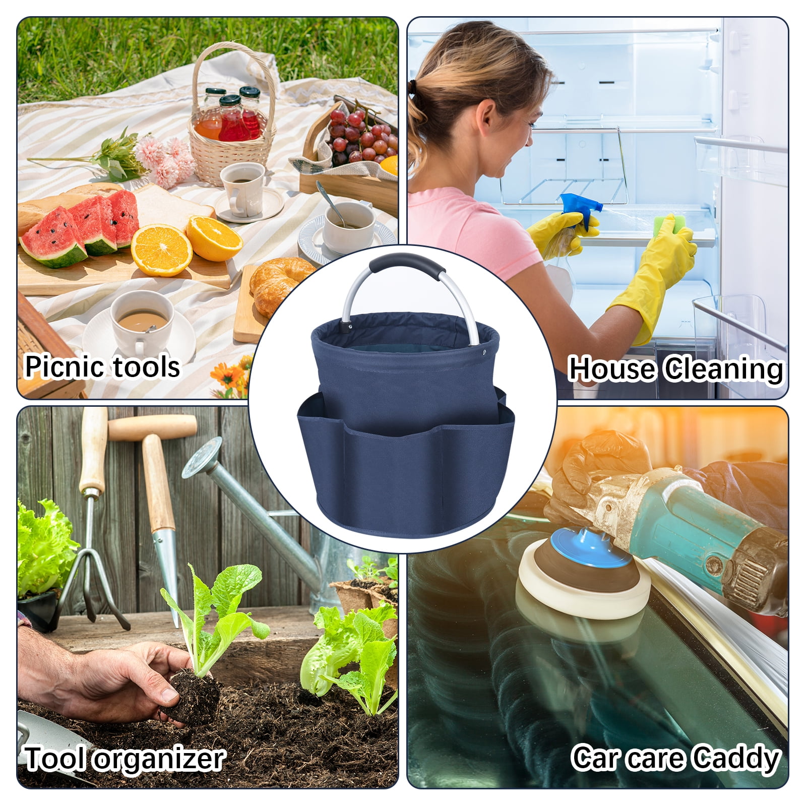 Bocaoying  17L Cleaning Organizer Caddy with Handle,Large Folding Cleaning Basket Bag,Multifunction Collapsible Waterproof Gardening Tool Storage Bag,Multipocket Craft Caddy Organizer for Cleaning Utensils(navy blue)