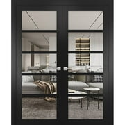 Quadro 4522 Matte Black 56-in x 96-in with Clear Glass Solid French Double Doors | Wood Solid Panel Frame Trims | Closet Bedroom Sturdy Doors