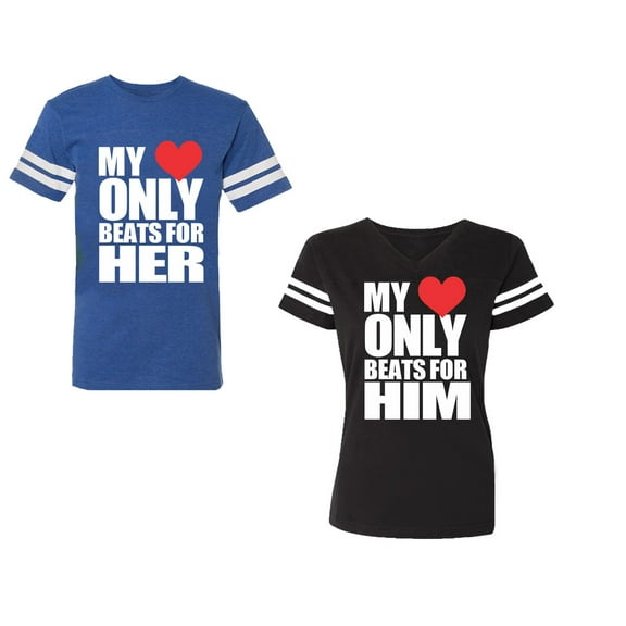 Unisex Couple Matching Cotton Jersey style T-Shirt Contrasting stripes on sleeves (Men Royal / Women Black) (Men S / Women S)