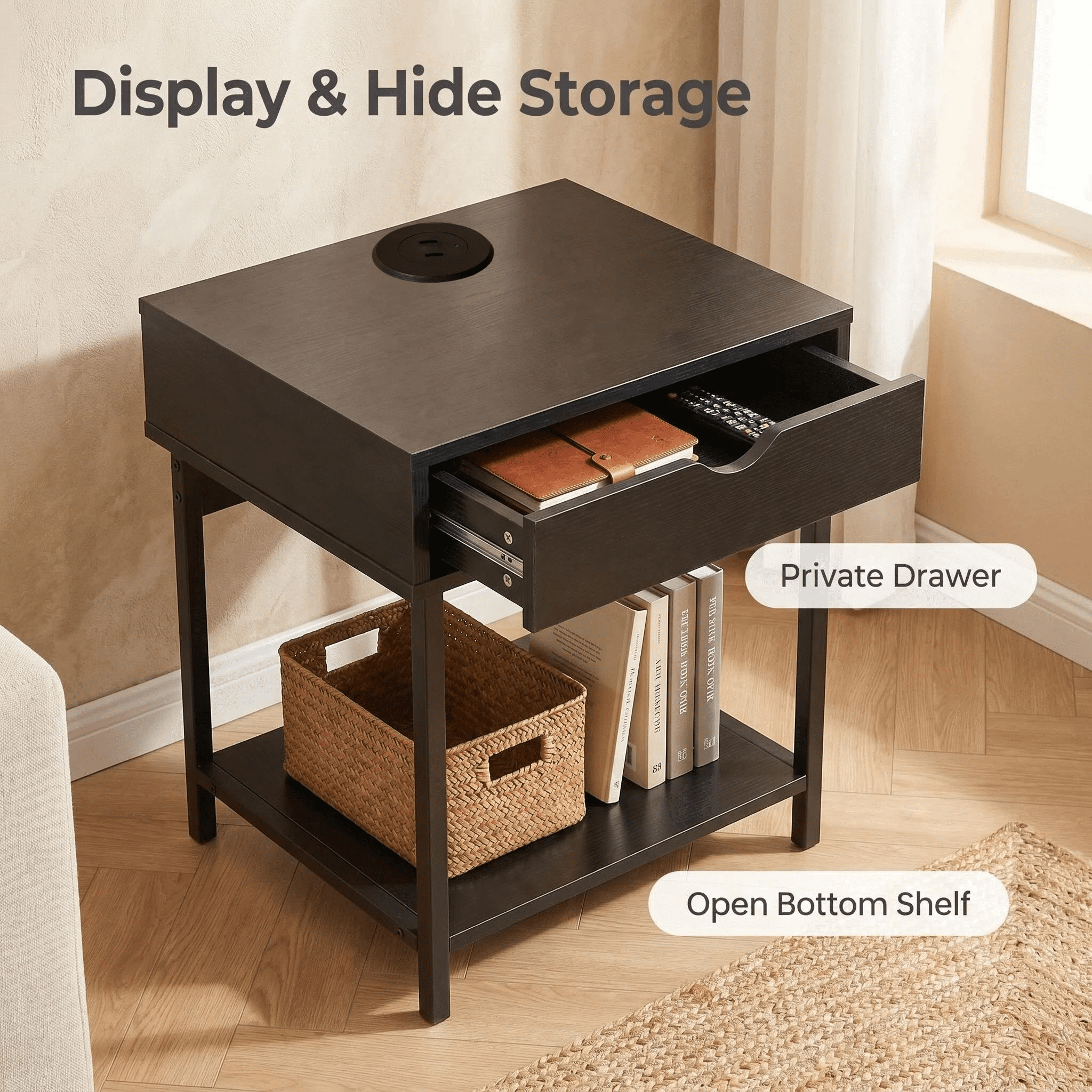 JJS Side End Table, Nightstand, Bedside Table with Drawer and Storage Shelves, Sofa Table for Living Room, Bedroom, Accent Furniture, Easy Assembly, Black