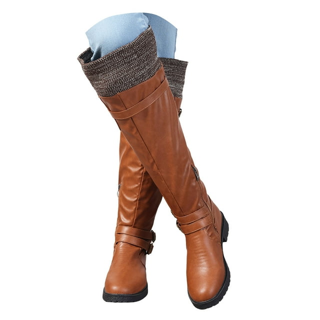 Platform Knee High Boots for Women Casual Leather Knit Wide Calf Over The Knee Tall Riding Boots Winter Fall