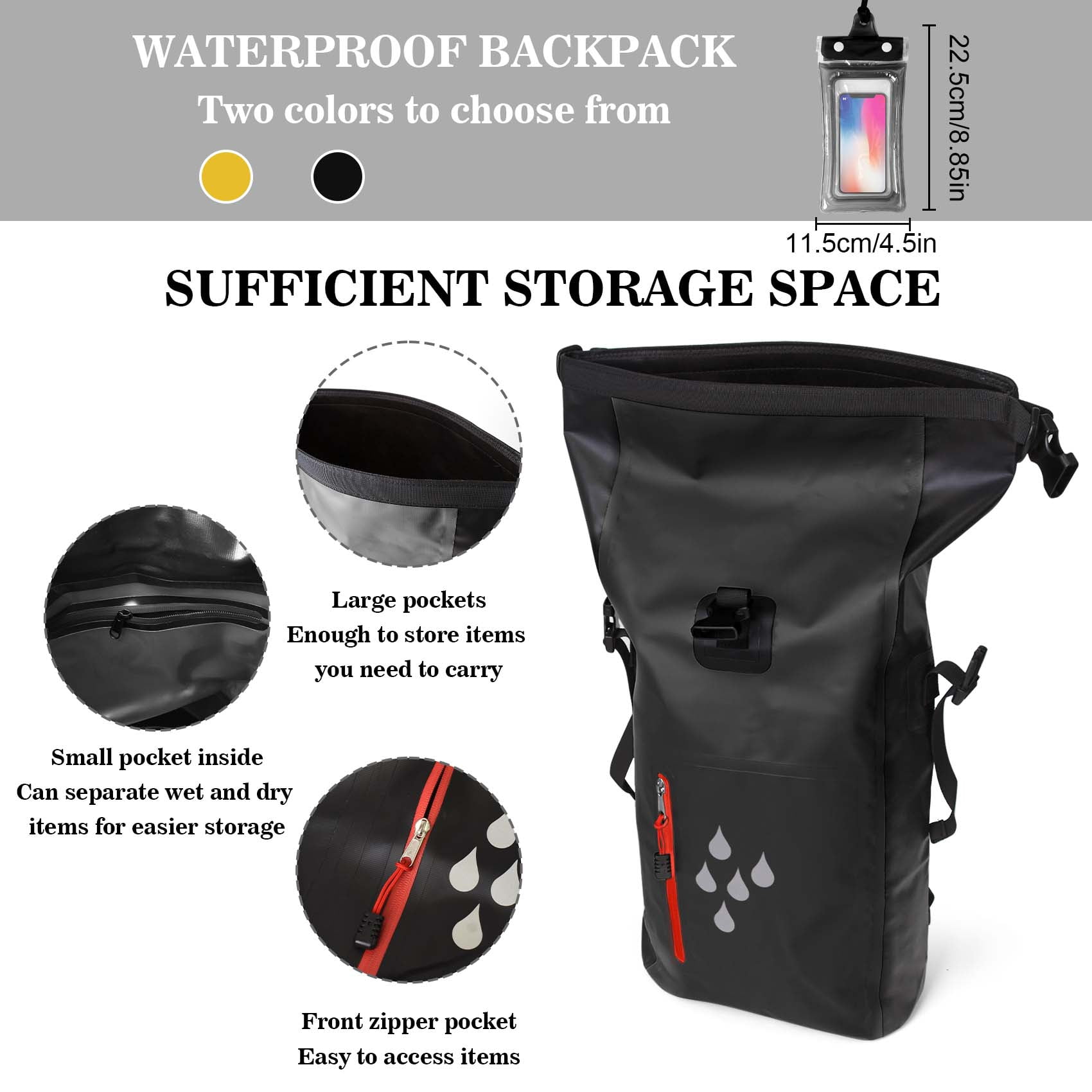 thovorrnl 25L Waterproof Dry Bag Backpack, Heavy Duty Roll Top Floating Dry Bags with Waterproof Phone Pouch for Kayaking Hiking Beach Boating, Black