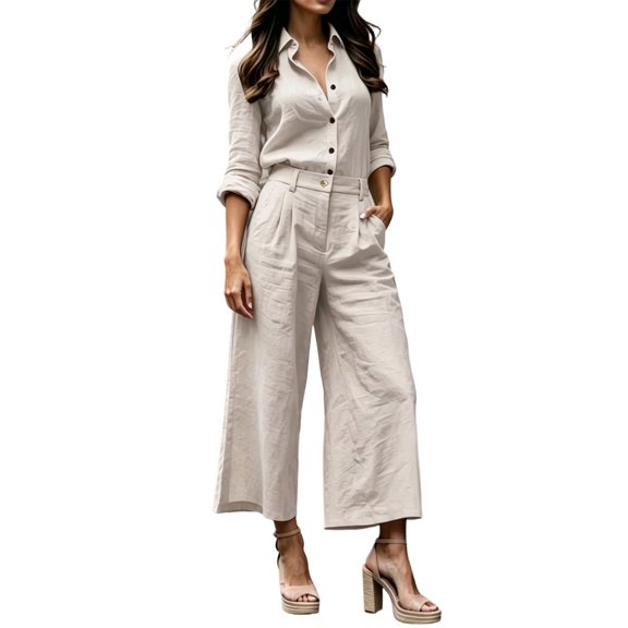 Floleo Women Solid Two Piece Co Ord Outfits, Turn Down Collar Roll Sleeve Button Front Shirt High Waist Pleated Wide Leg Crop Pants Casual Matching Suit With Side Pockets (Beige,M)