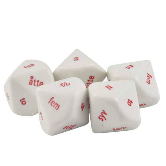 Set of 5 - 10 Sided Norwegian Word Numbers Dice 1 to 10 White & Red in Snow Organza Bag