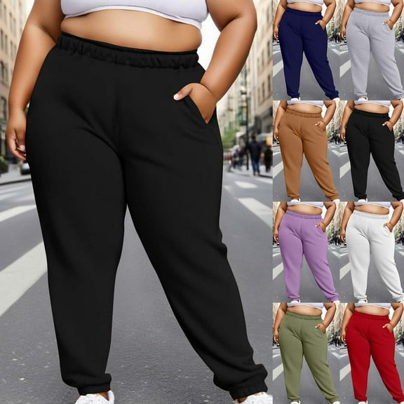 Kilaqueen Womens Baggy Sweatpants Athletic Plus Size Lounge Pants Solid Stretchy High Waisted Joggers Pocketed Workout Fall Winter Sweat Pants