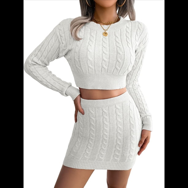 Conjunto de 2 Piezas de Suéter Ajustado y Minifalda para Mujer, Jersey de Larga con Top Corto de Punto . M