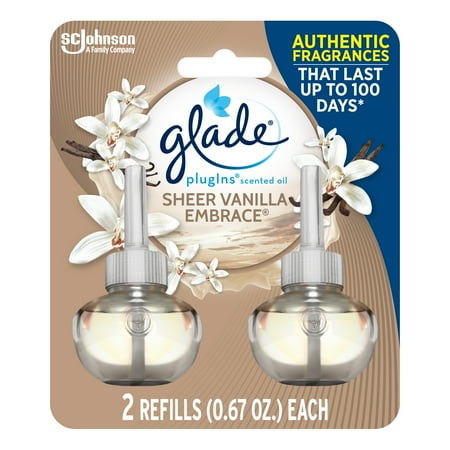 Glade PlugIns Refill 2 CT, Sheer Vanilla Embrace, 1.34 FL. OZ. Total, Scented Oil Air Freshener Infused with Essential Oils