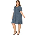 thumbnail image 3 of Women's Plus Size Denim Dress Tiered V Neck Short Sleeve Midi Chambray Dresses Grey Black 2X, 3 of 6