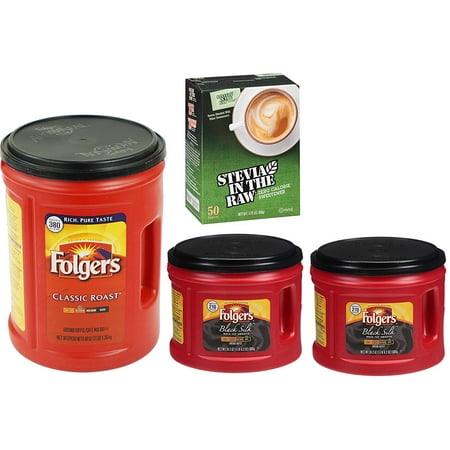 Folgers Coffee Bar Combo 1-48oz Classic Roast Coffee, 2-24.2oz Black Silk Coffee Canisters Plus 50ct Stevia In The Raw