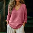 thumbnail image 2 of Aoiroe Linen Tops for Women 3/4 Sleeve V Neck Cotton Shirts Casual Jacquard Boho Blouse Pink L, 2 of 6