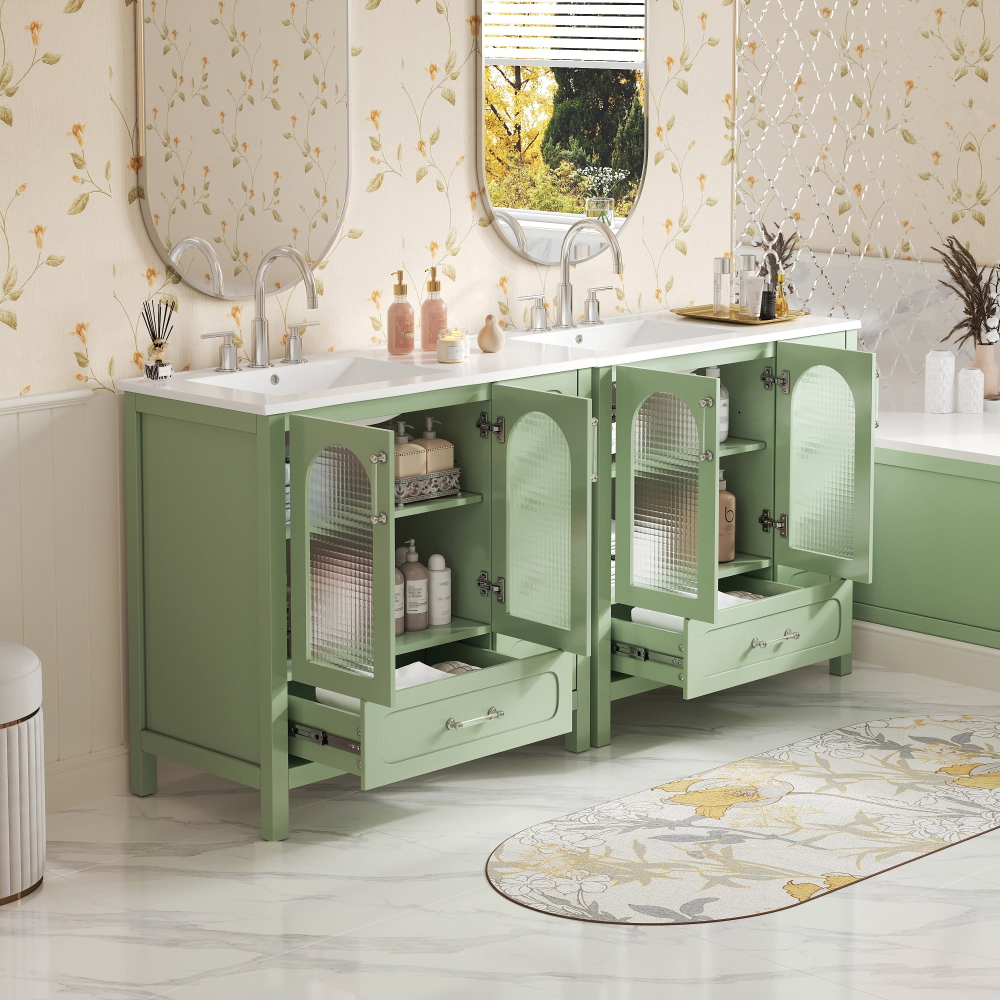 Euroco 48'' Modern Bathroom Vanity with Turquoise Finish, 8 Drawers, Waffle Glass Doors & Soft-Close Hinges, Fits 8” Faucet (Faucet Not Included)