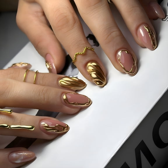 TUWAFE 24Pcs Glossy Gold Almond Press On Nails Short False Nails With Carved Rippled Design Full Covers Stick on Nails