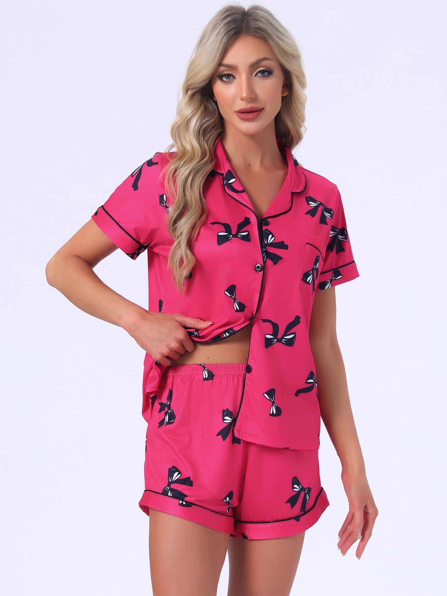 DARING DIVA Women's Pajama Sets Short Sleeves Bow Button Up Tops and Shorts XL Hot Pink