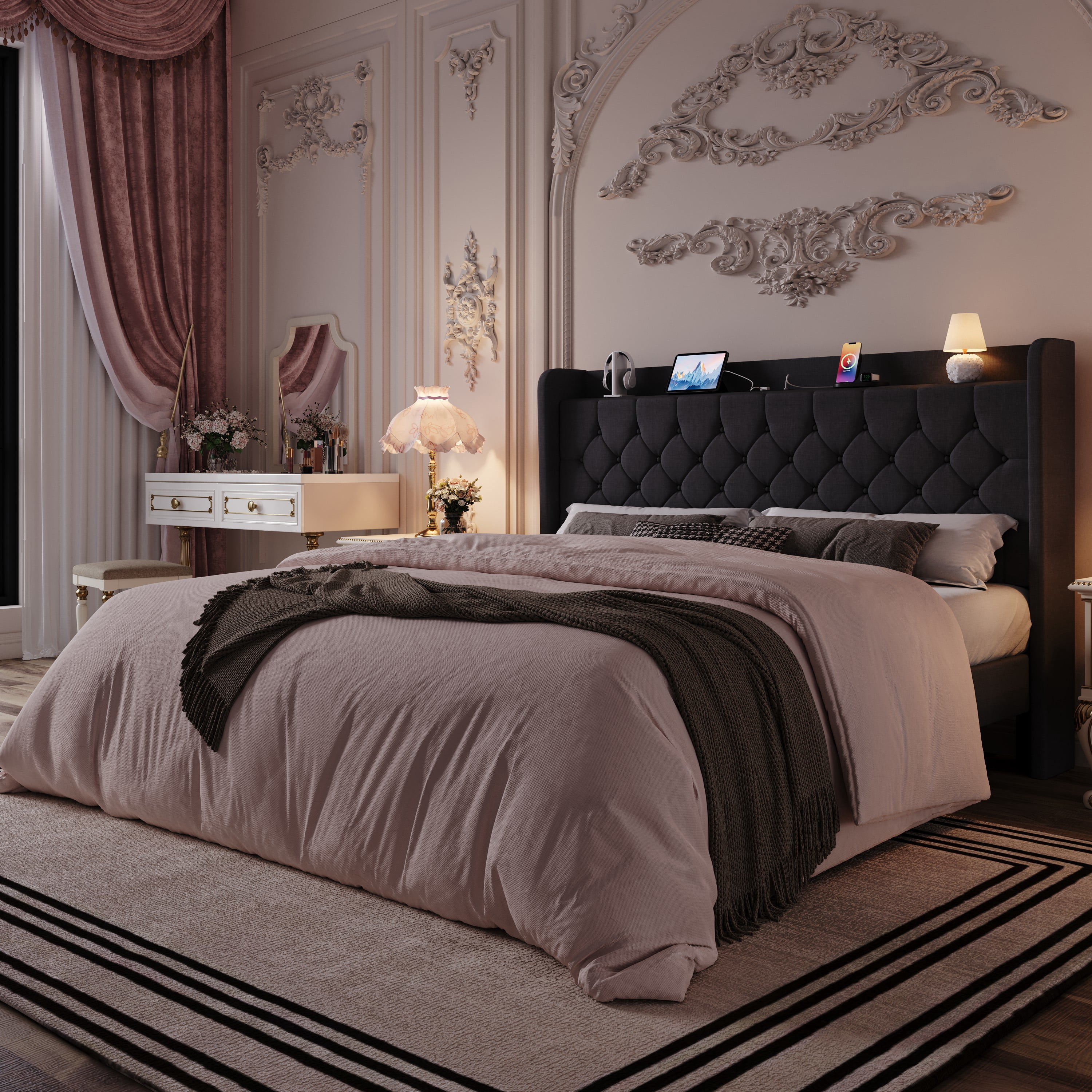 Einfach King Bed Frame, Upholstered Platform Bed with Storage Wingback Headboard and Fast Charging Hub, No Box Spring Required, Deep Gray