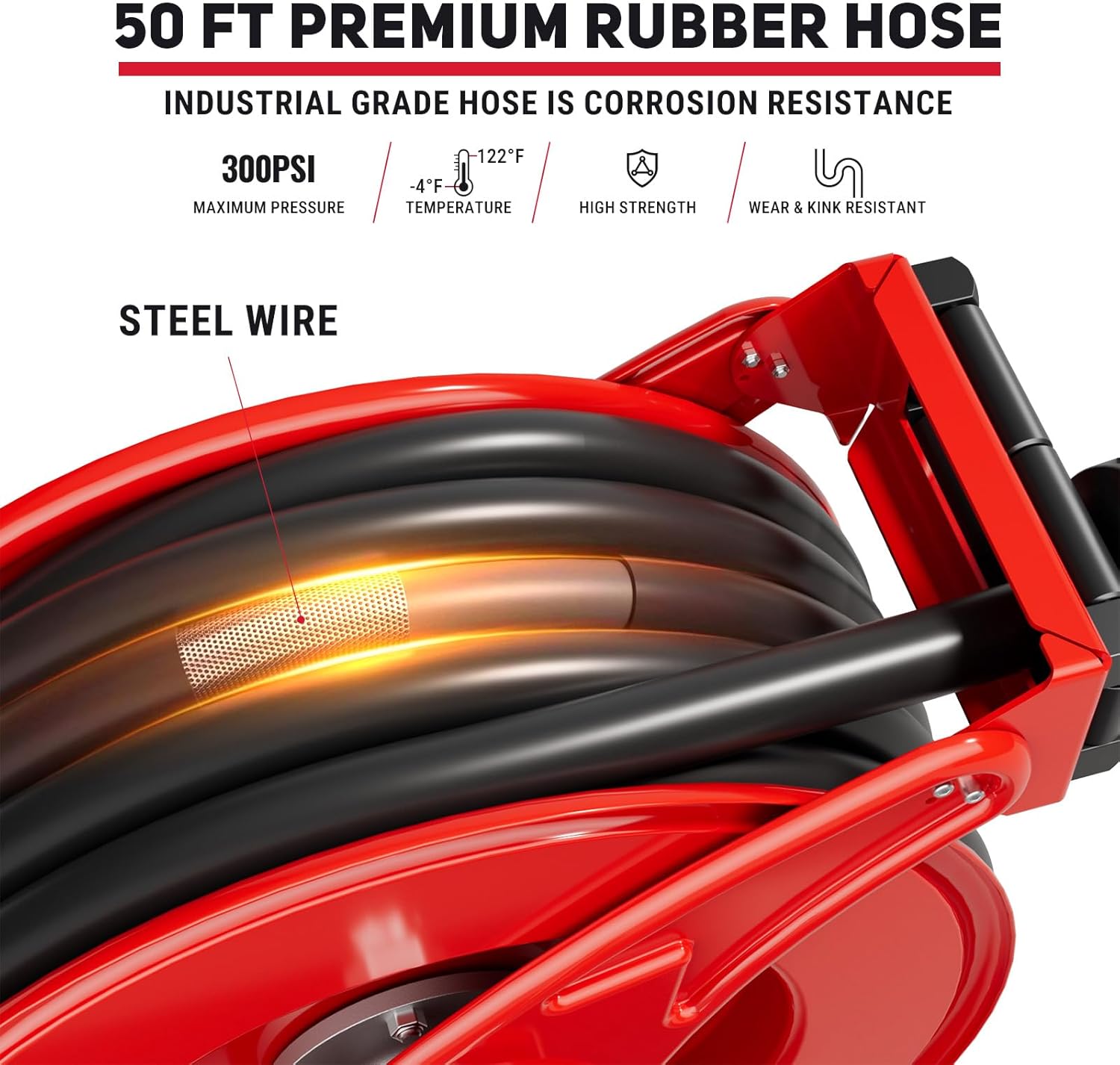 XUTUMM Diesel Fuel Hose Reel Retractable 3/4" x 50' Adjustable Dual Arm, All-weather, Auto Rewind, Heavy Duty Steel, with Fueling Nozzle for Aircraft Ship Vehicle Tank Truck, 300 PSI