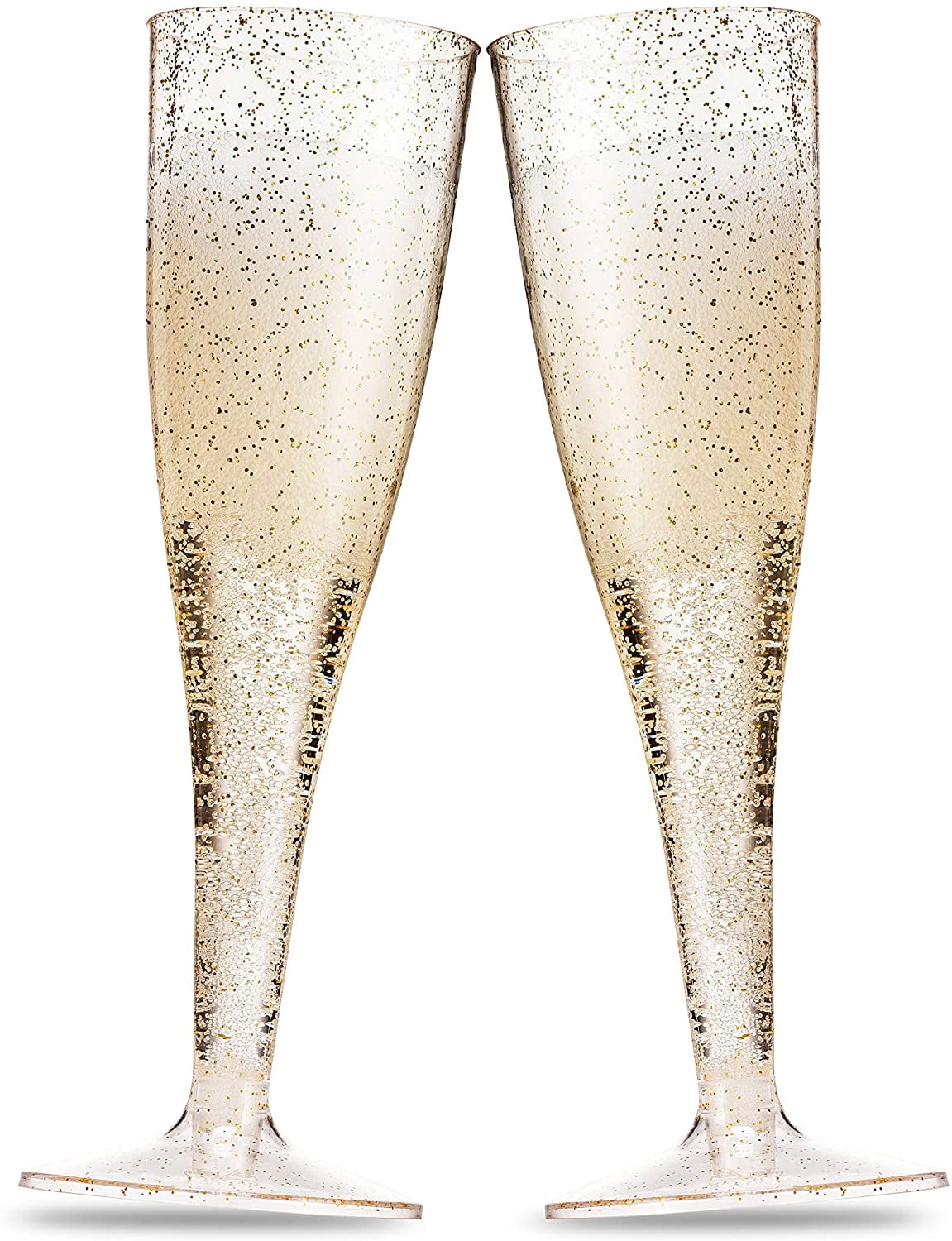 100 Plastic Champagne Flutes - 5 Oz Disposable Gold Glitter Champagne Glasses for Parties, Mimosa Bar, Events, Wedding and Shower Party Supplies - Toasting Cocktail Cups