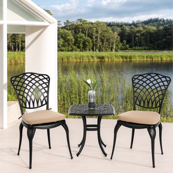3 Piece Outdoor Patio Bistro - Cast Aluminum 2 Chairs & 1 Round Table Black Cushion, Classical Design, Easy To Assemble And Decorate Your Patio, Garden, Balcony Rustproof Furniture (3 Piece) For