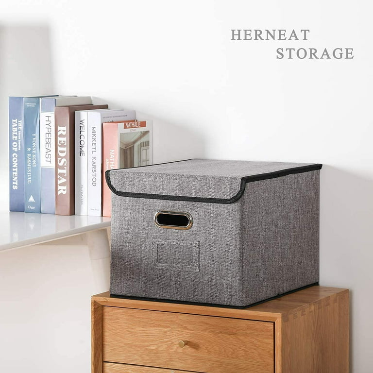 Grey Foldable File Storage Box with Lid, Gold Accents, and Metal Rods
