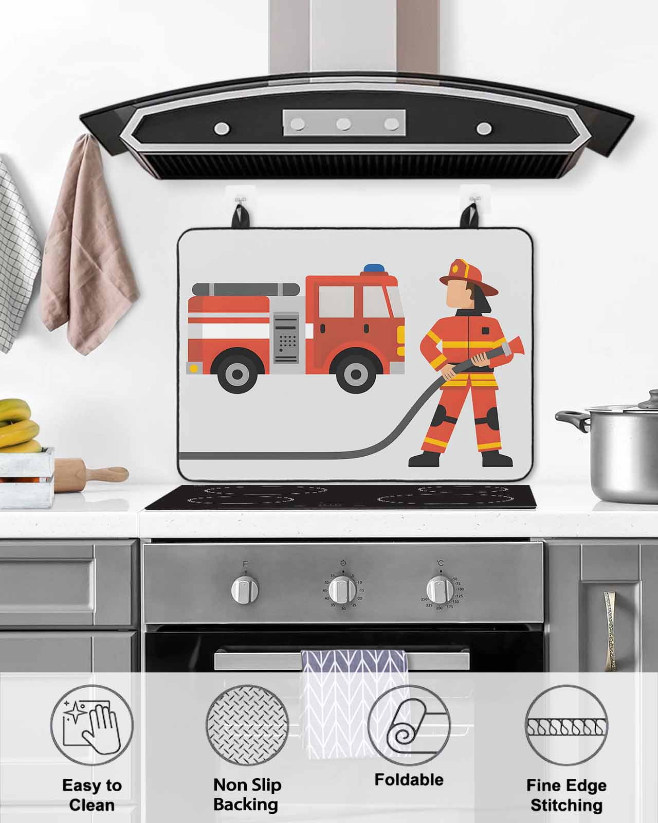 Large Induction Cooktop Protector Mat Firefighters Stove Top Covers for Electric Stove, Cartoon Red Uniform Fire Truck Grey Decorative Stove Burner Cover Mats, Glass Top Stove Cover
