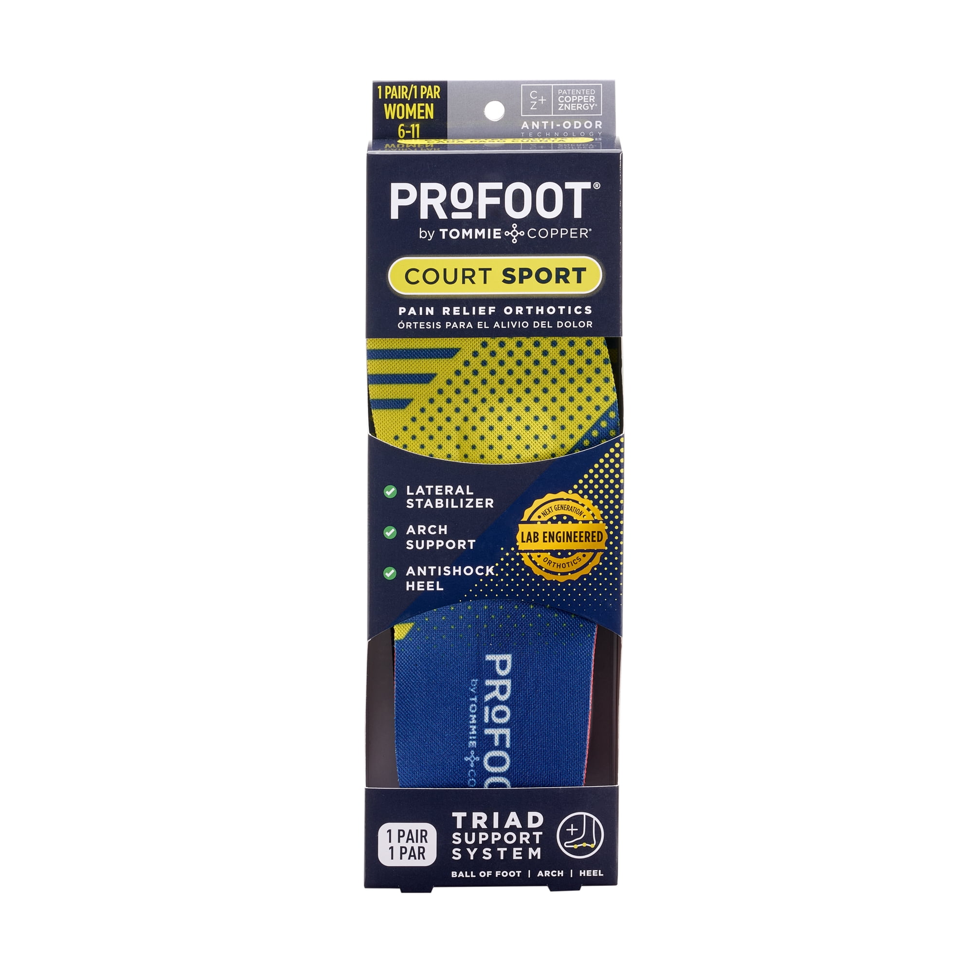 ProFoot Triad Court Sport Insoles Women’s Size 6-11 – Tennis and Pickleball Pain Relief Orthotics, Lateral Stabilizer, Arch Support, Anti-Shock Heel, Ball of Foot Support