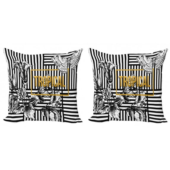 Ambesonne Flower Throw Pillow Cover 2 Pack, Exotic Petals Butterfly, 16", Black White Pale Coffee