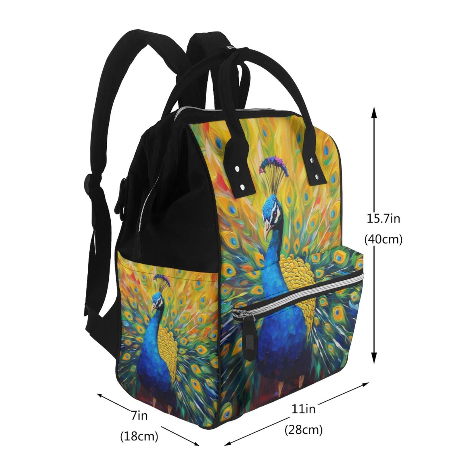 Ratiio Peacocks Mummy Backpack - Waterproof Twill Canvas, Large Capacity Diaper Bag with Multiple Pockets and Adjustable Straps