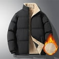 thumbnail image 3 of BADHUB Men's Fleece Lined Puffer Jacket Full Zip Stand Collar Winter Jacket Sherpa Warm Windproof Coat Solid Color Thicken with No Hood Deals Black XL, 3 of 8
