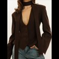 thumbnail image 4 of Chaqueta de Traje de Larga para Mujer, Color Liso, Cuello en V, Corte Entallado y Hombreras Marrón M, 4 of 10