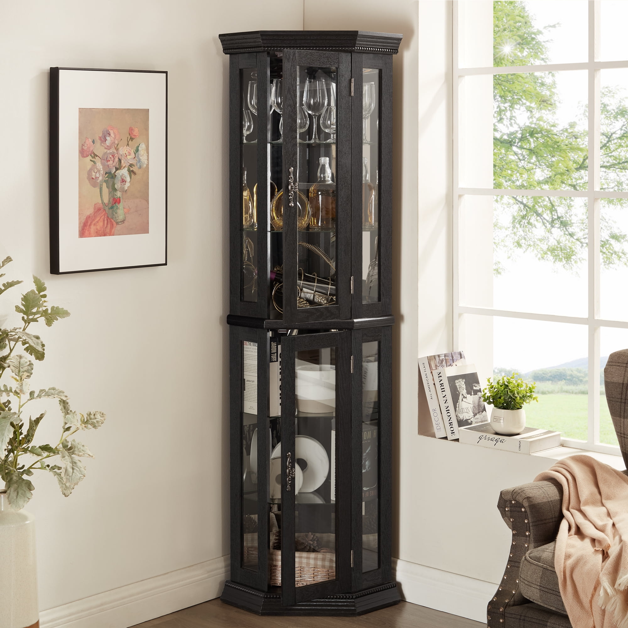 Leumius Corner Curio Display Cabinet, Glass Display Shelf Shelving Bar Cabinet with Tempered Glass Door, Bar Cabinet,Cabinet with Adjustable Shelf Glass Cabinet Shelves for Home Decor Black