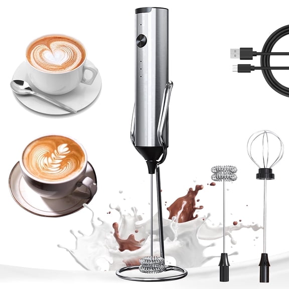 YARRAMATE Stainless Steel Rechargeable Electric Handheld Milk Frother with Stand, 3-Speed 2 Whisks