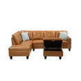 thumbnail image 3 of Hommoo L-Shaped Upholstered Sectional Sofa Couch with Storage & Cup Holders, Faux Leather Living Room Sofa Set, With Ottoman, Ginger, 3 of 7